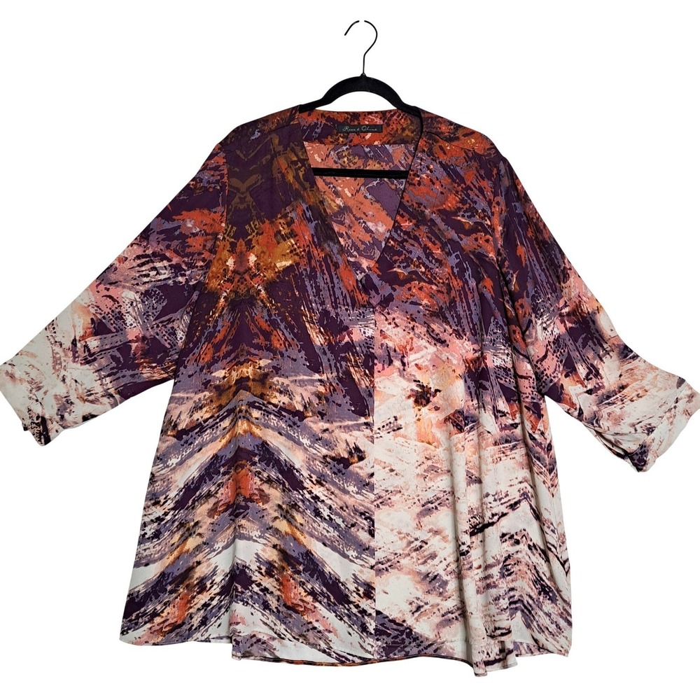 Rose Olive Womens 4X Purple‎ Orange Abstract Print VNeck Tunic Blouse 3/4 Sleeve - Picture 3 of 12